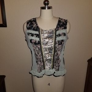 Delightful boho patchwork tee ruffles lace